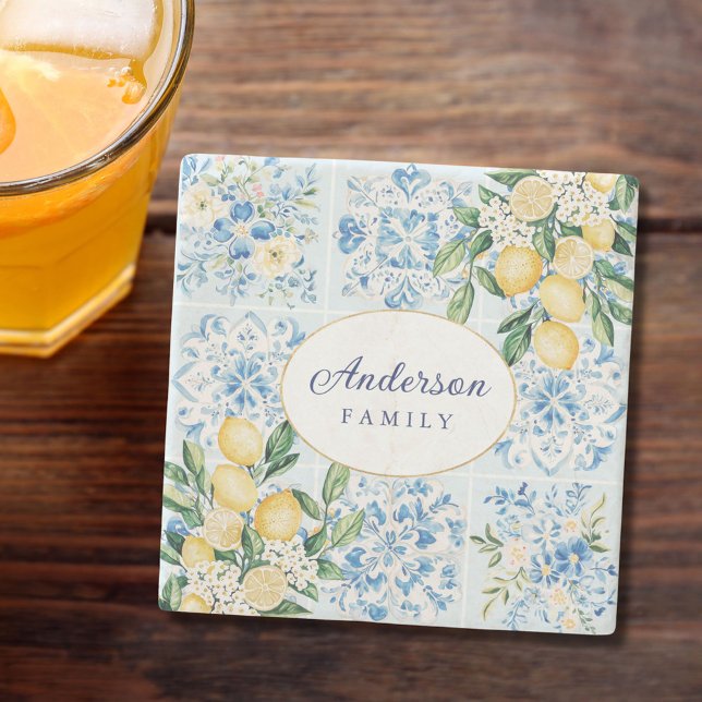 Personalized Watercolor Blue Italian Tile Lemon Stone Coaster (In situ)