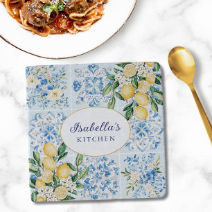 Personalized Watercolor Blue Italian Tile Lemon Trivet