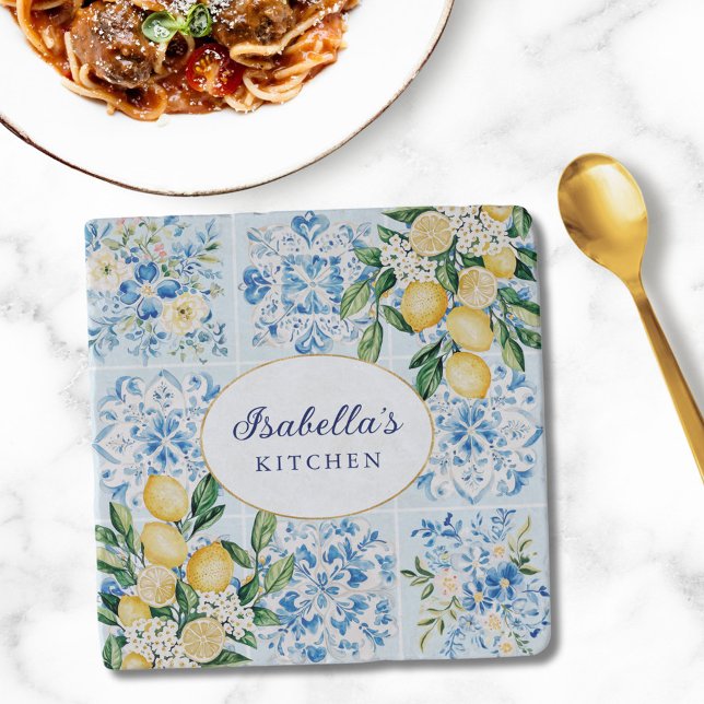 Personalized Watercolor Blue Italian Tile Lemon Trivet (In situ)