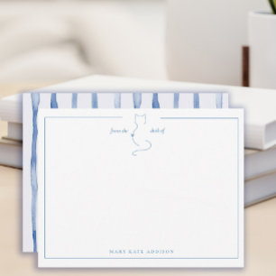 Personalized Watercolor Blue Stripes Border Cat Note Card