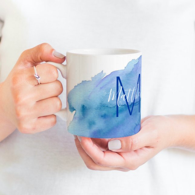 Personalized Watercolor Blue Turquoise Monogram Coffee Mug (Creator Uploaded)