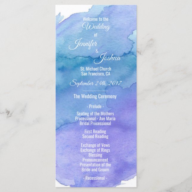 Personalized Watercolor Blue Wedding Programs (Front)
