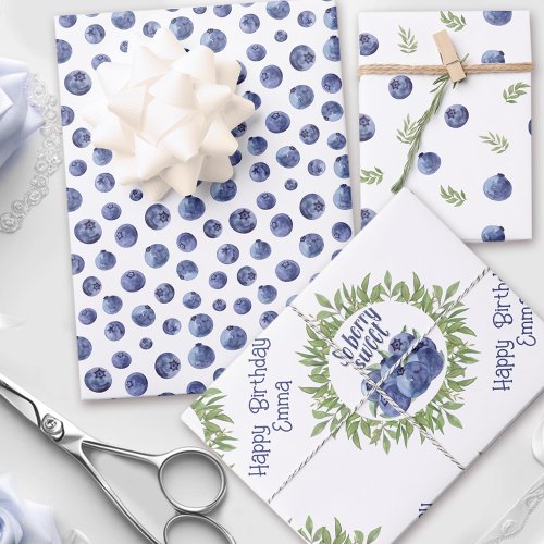 Personalized watercolor blueberries pattern  wrapping paper sheets