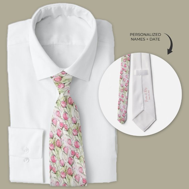 Personalized Watercolor Blush Pink Rosebuds Neck Tie (blush pink rosebud groomsmen wedding neckties)