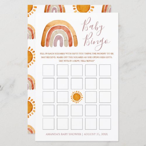 Personalized Watercolor Boho Rainbow Baby Bingo