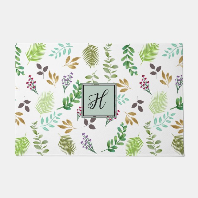 Personalized Watercolor Botanical Door Mat (Front)