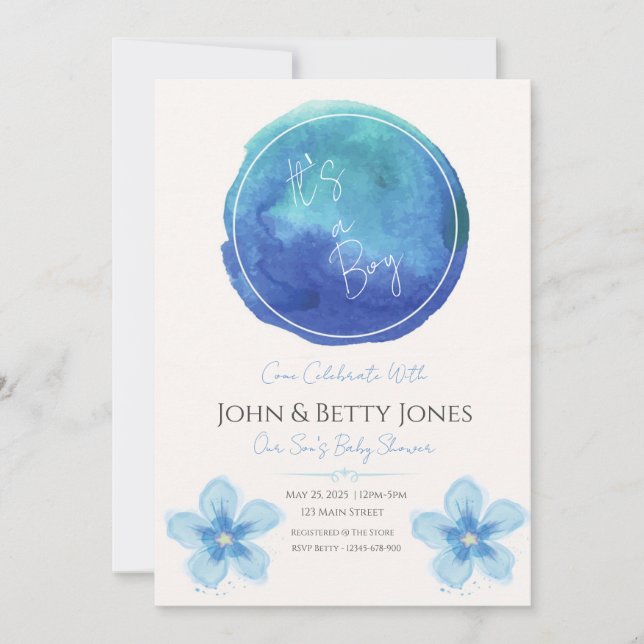 Personalized Watercolor Boy Baby Shower Invitation (Front)