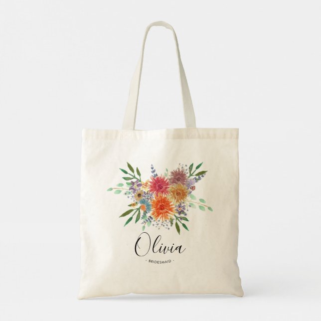 Personalized Watercolor Bridesmaid Floral Tote Bag (Back)