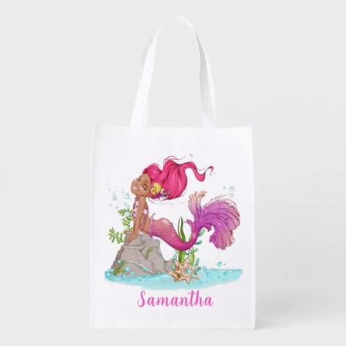 Personalized Watercolor Brown Mermaid Cute Budget Grocery Bag