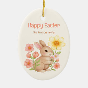 Personalized Watercolor Bunny Happy Easter Ceramic Ornament