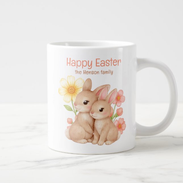 Personalized Watercolor Bunny Happy Easter  Giant Coffee Mug (Right)