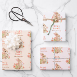 Personalized Watercolor Bunny Happy Easter  Wrapping Paper Sheets