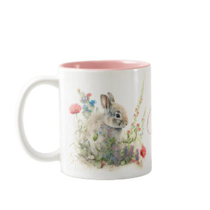 Personalized Watercolor Bunny Wildflowers Two-Tone Coffee Mug