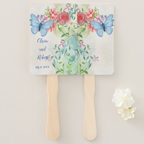 Personalized watercolor butterfly and red rose hand fan