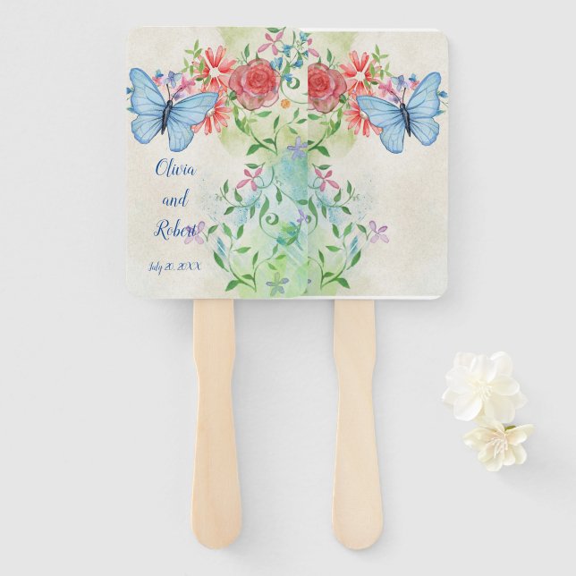 Personalized watercolor butterfly and red rose hand fan (Front and Back)