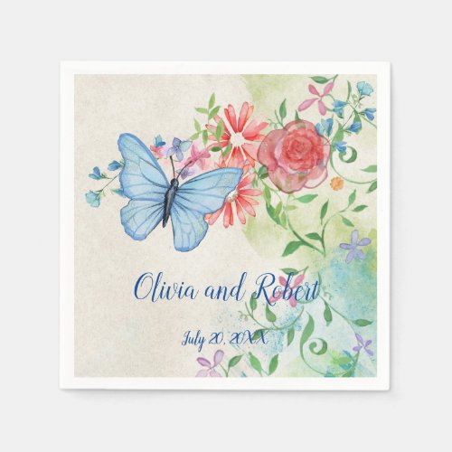 Personalized watercolor butterfly and red rose napkins