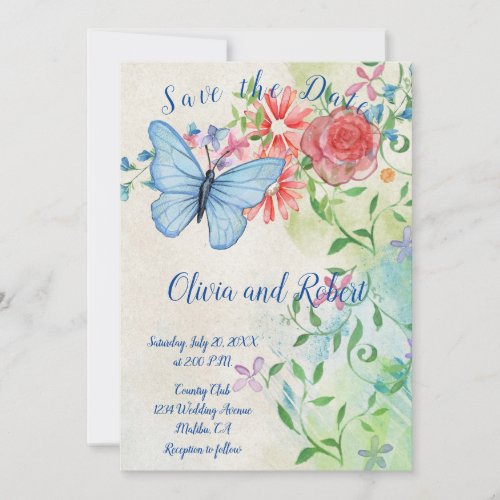 Personalized watercolor butterfly and red rose save the date