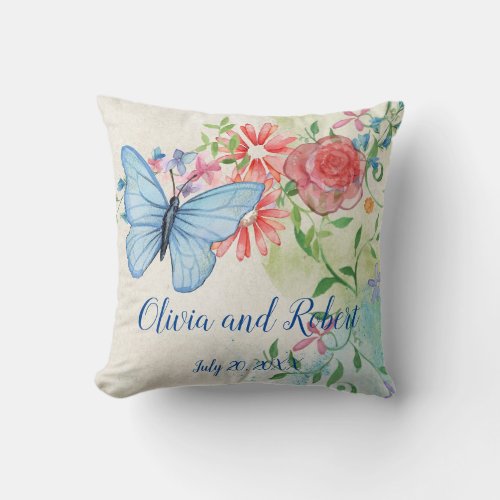 Personalized watercolor butterfly and red rose throw pillow