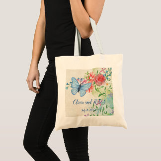 Personalized watercolor butterfly and red rose tote bag