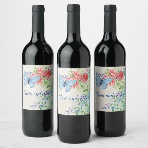 Personalized watercolor butterfly and red rose wine label