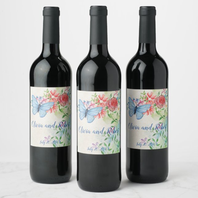 Personalized watercolor butterfly and red rose wine label (Bottles)