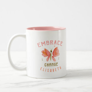 Personalized watercolor butterfly coral Two-Tone coffee mug