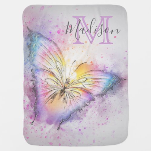 Personalized Watercolor Butterfly Grey Monogram Baby Blanket