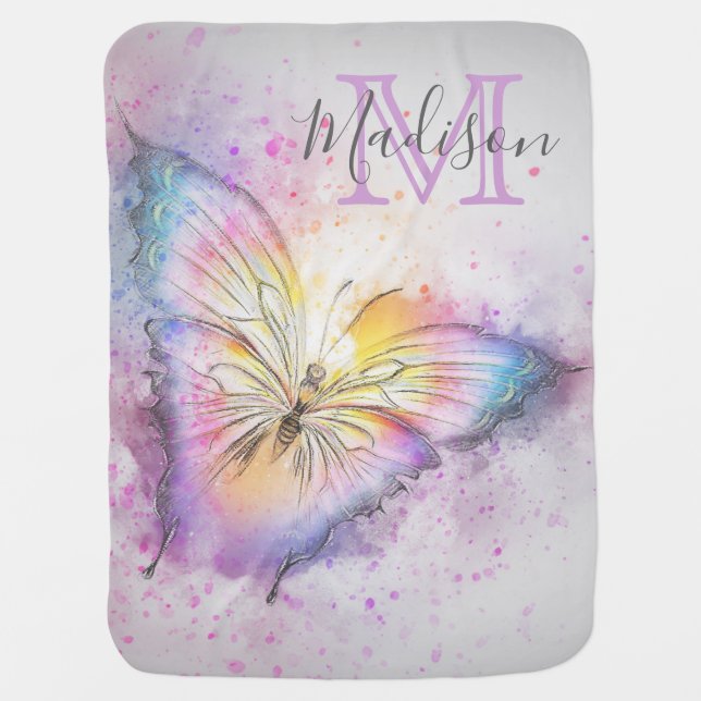 Personalized Watercolor Butterfly Grey Monogram Baby Blanket (Front)