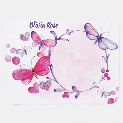 Personalized Watercolor Butterfly Purple and Pink Baby Blanket