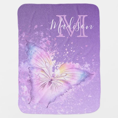 Personalized Watercolor Butterfly Purple Monogram Baby Blanket