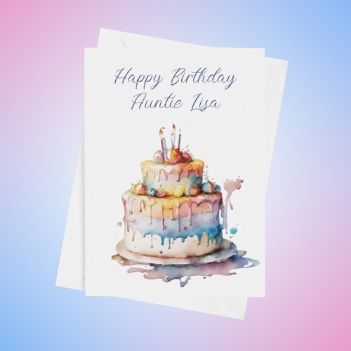 Personalized Watercolor Cake Aunts Birthday Holiday Card