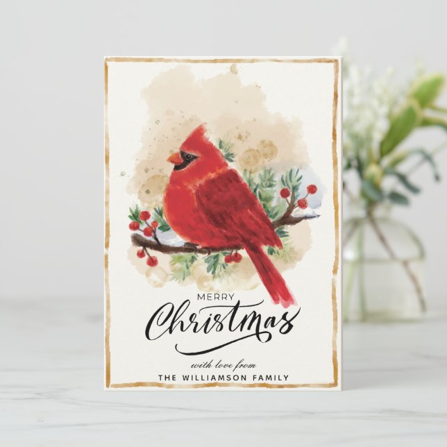 Personalized Watercolor Cardinal Christmas Card (Standing Front)
