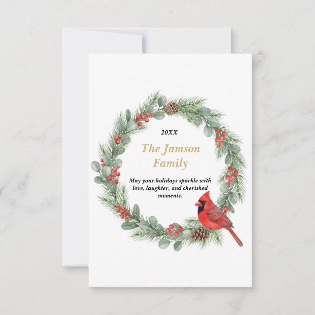 Personalized Watercolor Cardinal Christmas Wreath  RSVP Card (Front)