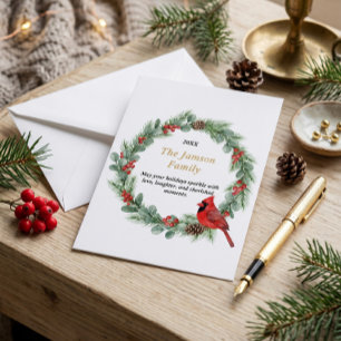 Personalized Watercolor Cardinal Christmas Wreath  RSVP Card