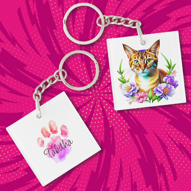 Personalized Watercolor Cat and Flowers  Keychain (Creator Uploaded)