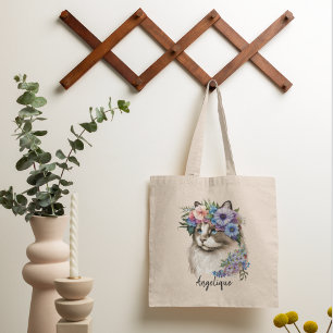 Personalized Watercolor Cat Florals Tote Bag