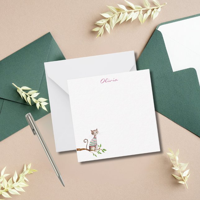 Personalized Watercolor Cat Lover Pink Name Cute Note Card (Creator Uploaded)