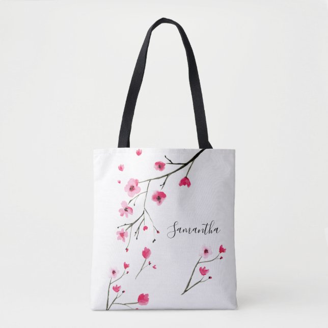 Personalized watercolor Cherry Blossom Name Tote Bag (Front)