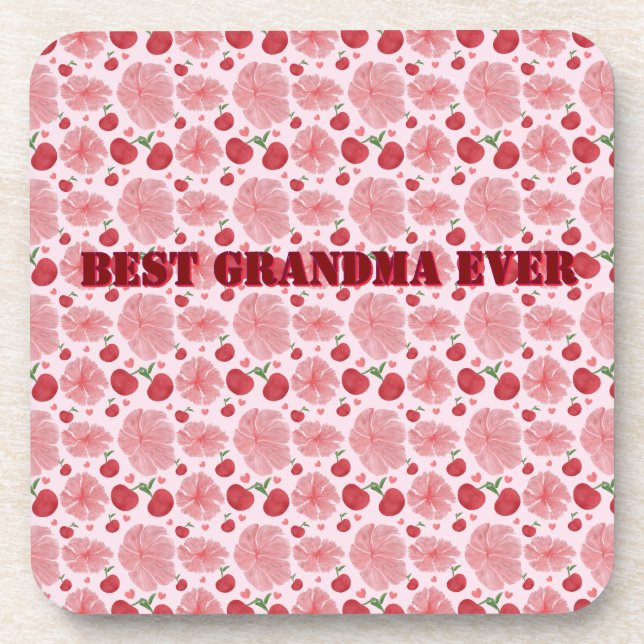 Personalized Watercolor Cherry Floral Pattern,  Beverage Coaster (Front)