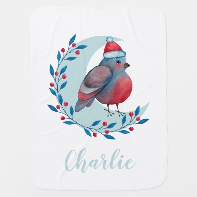 Personalized Watercolor Christmas  Bird On Moon Baby Blanket (Front)
