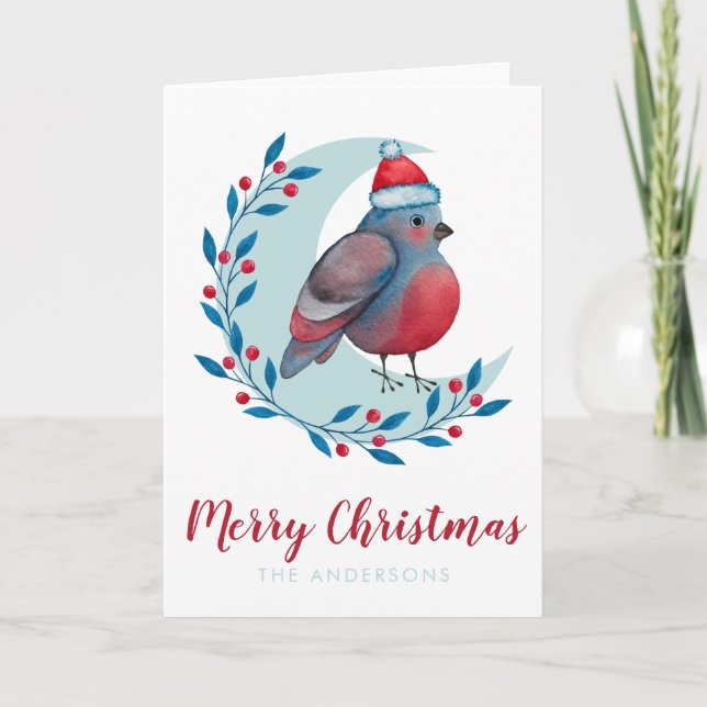 Personalized Watercolor Christmas Bird On Moon Card (Front)