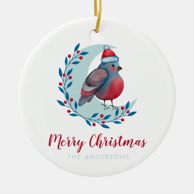 Personalized Watercolor Christmas Bird On Moon Ceramic Ornament (Front)