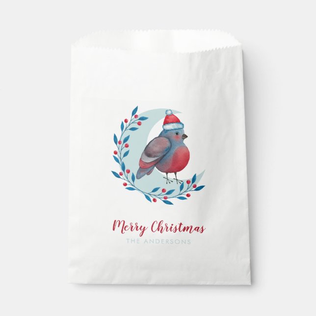 Personalized Watercolor Christmas Bird On Moon Favor Bag (Front)