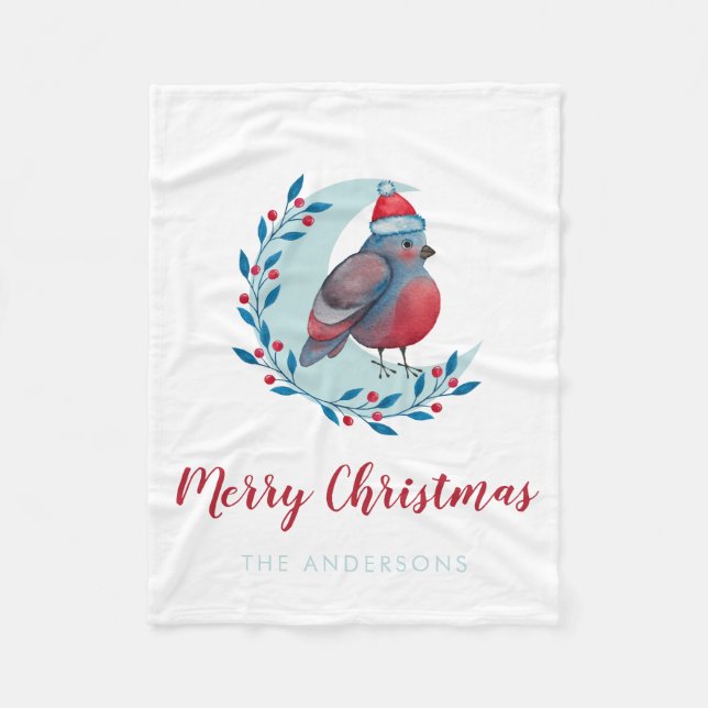 Personalized Watercolor Christmas Bird On Moon Fleece Blanket (Front)