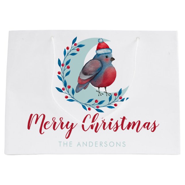 Personalized Watercolor Christmas Bird On Moon Large Gift Bag (Front)