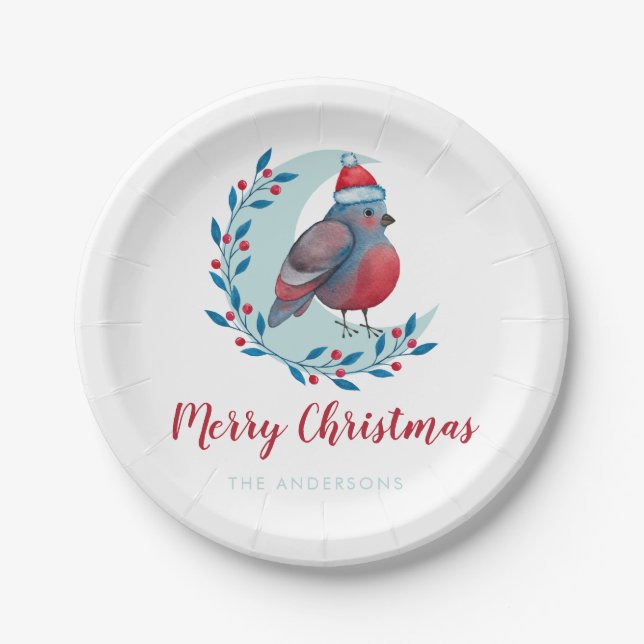 Personalized Watercolor Christmas Bird On Moon Nap Paper Plates (Front)