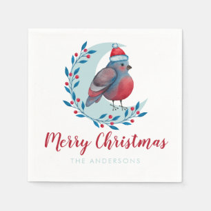 Personalized Watercolor Christmas Bird On Moon Napkins
