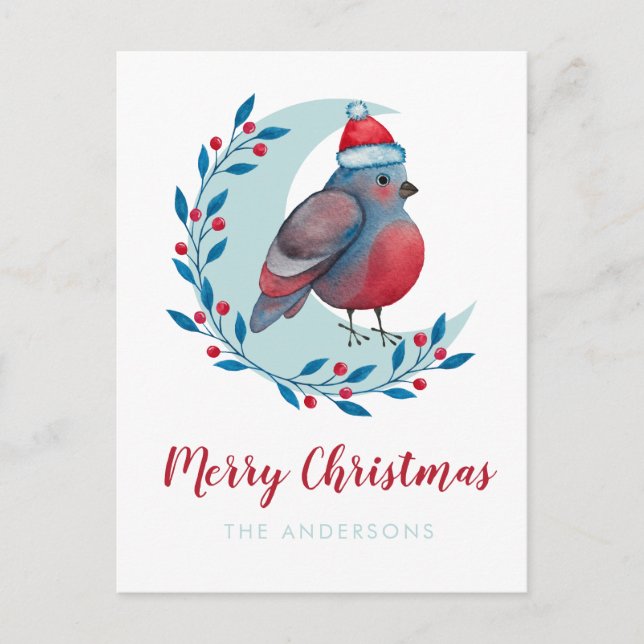 Personalized Watercolor Christmas Bird On Moon Postcard (Front)