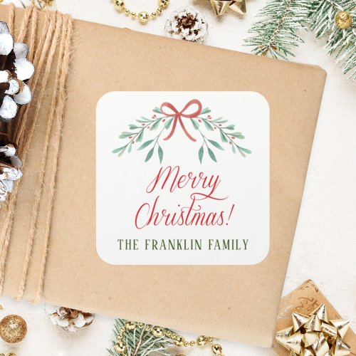 Personalized Watercolor Christmas Greenery  Square Sticker