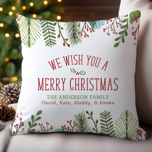 Personalized Watercolor Christmas Greenery Throw Pillow